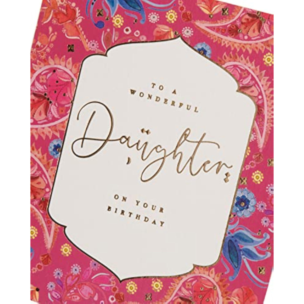 UK Greetings daughter birthday card featuring a beautiful Eastern print design with scripted lettering.