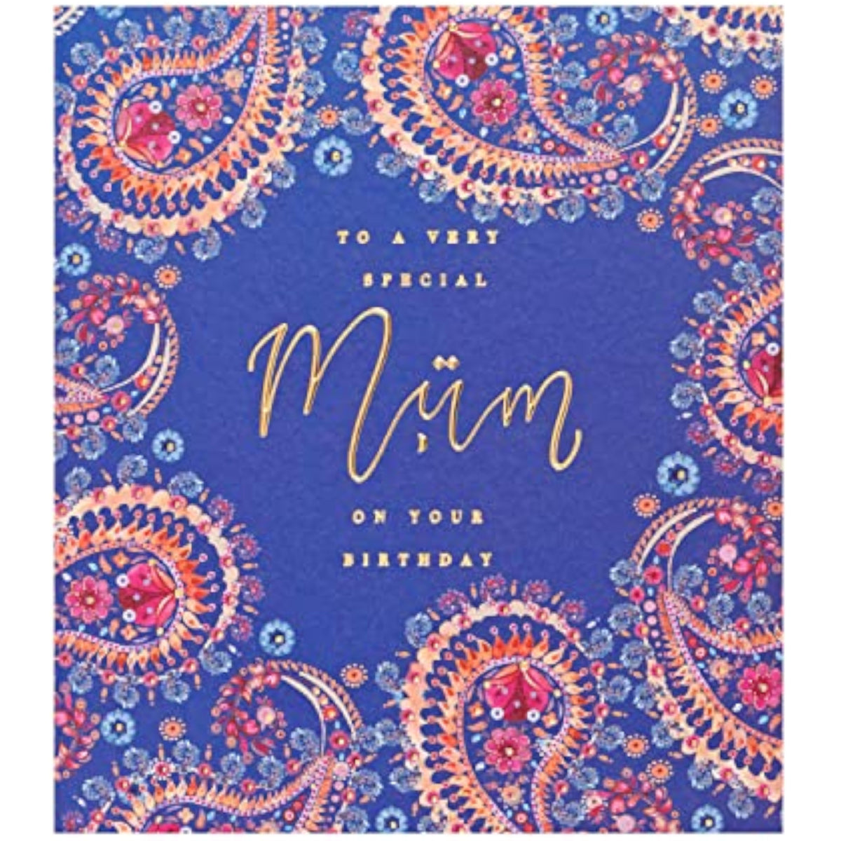 UK Greetings beautiful Eastern print birthday card for mum, featuring colorful floral design and intricate details.