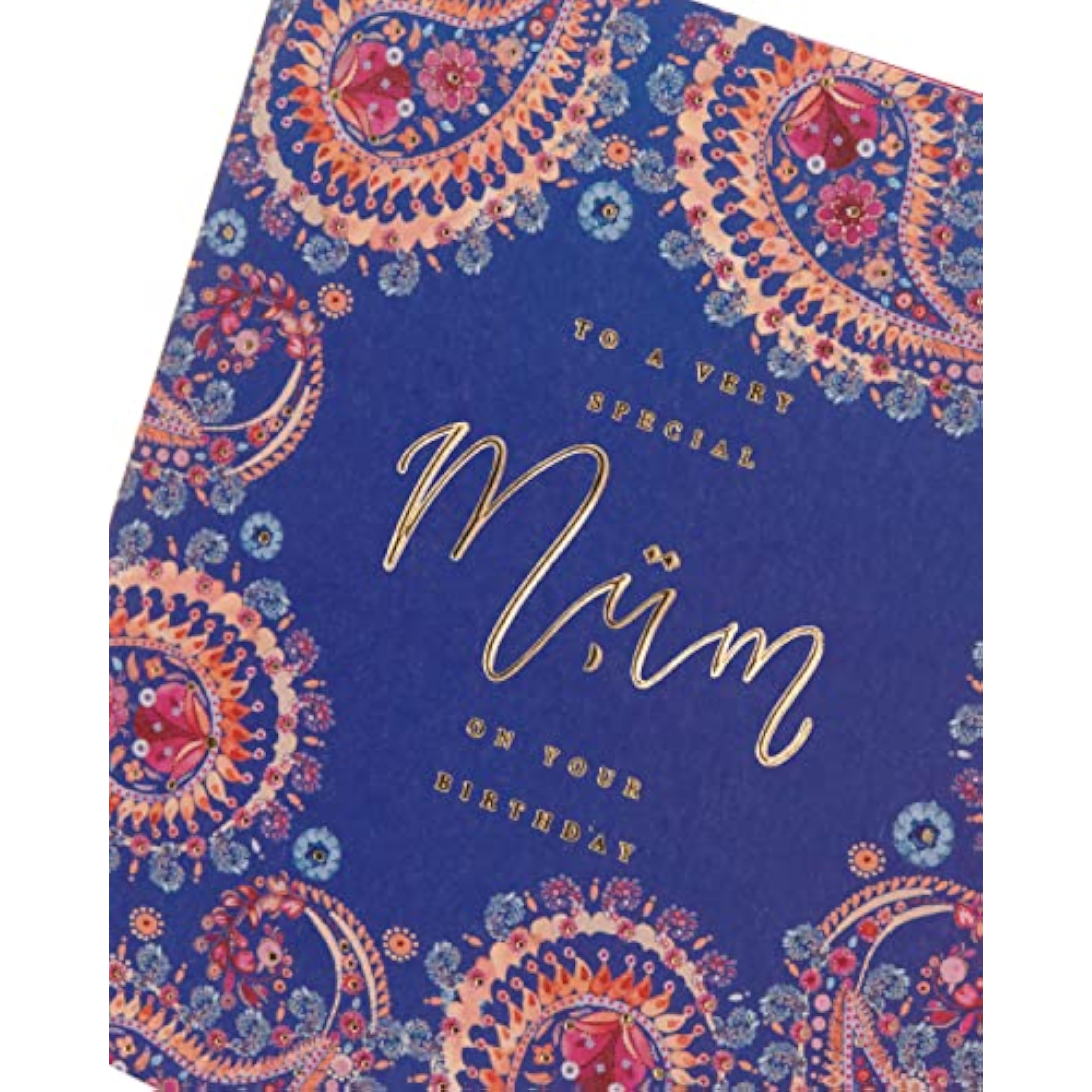 UK Greetings beautiful eastern print birthday card for mum, featuring colorful floral and geometric designs, perfect for celebrating.