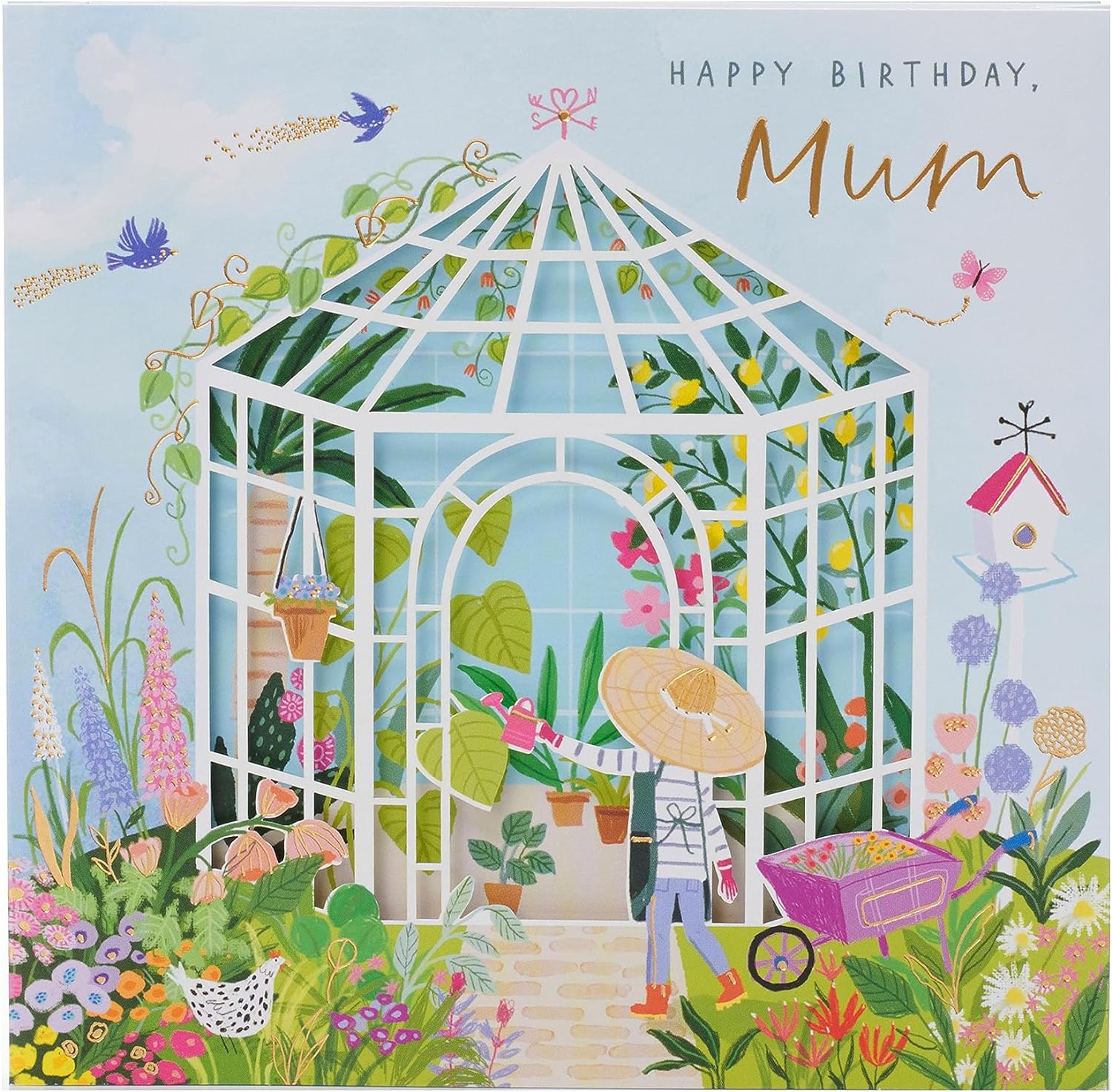 UK Greetings beautiful green greenhouse design birthday card for mum, featuring floral illustrations and vibrant colors.