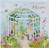 UK Greetings beautiful green greenhouse design birthday card for mum, featuring floral illustrations and vibrant colors.