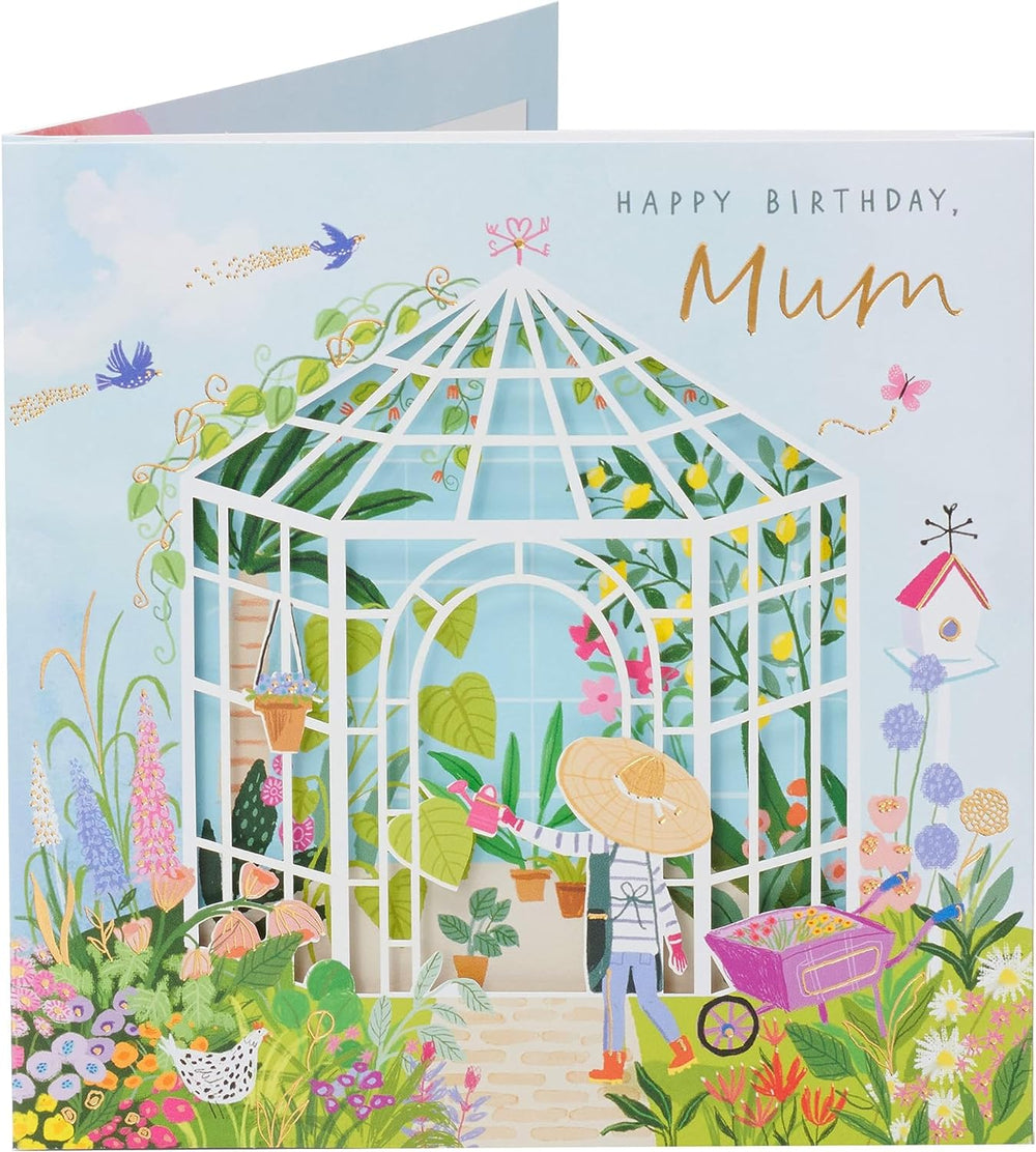 UK Greetings beautiful green greenhouse birthday card featuring floral design and heartfelt message for moms.