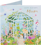 UK Greetings beautiful green greenhouse birthday card featuring floral design and heartfelt message for moms.
