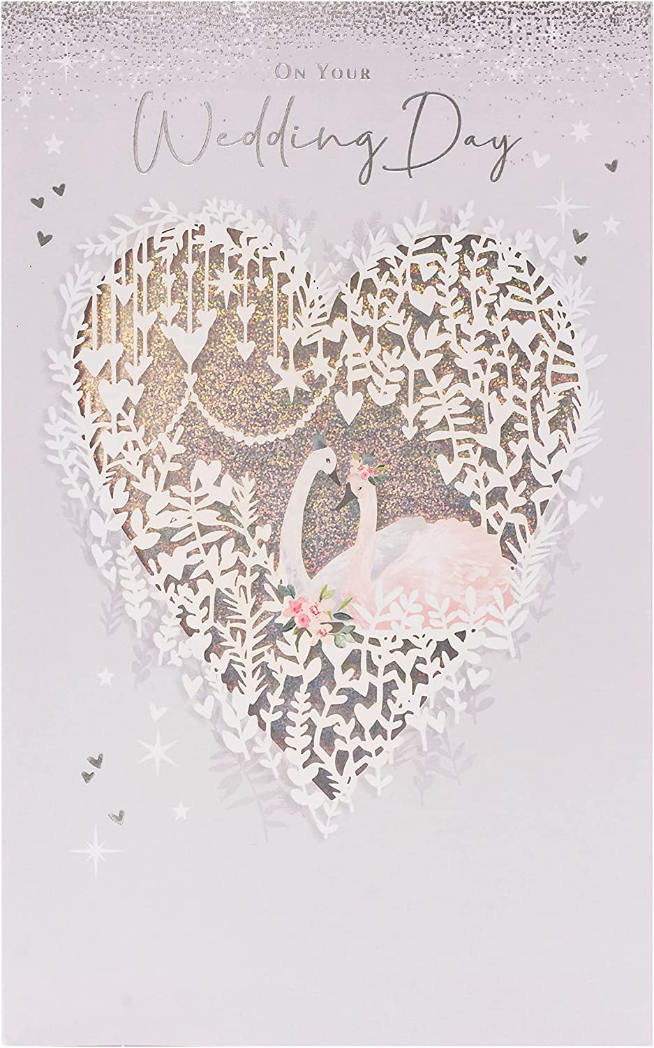 UK Greetings wedding day greeting card featuring a beautiful swan design with silver foil finishes, elegant and suitable for weddings.