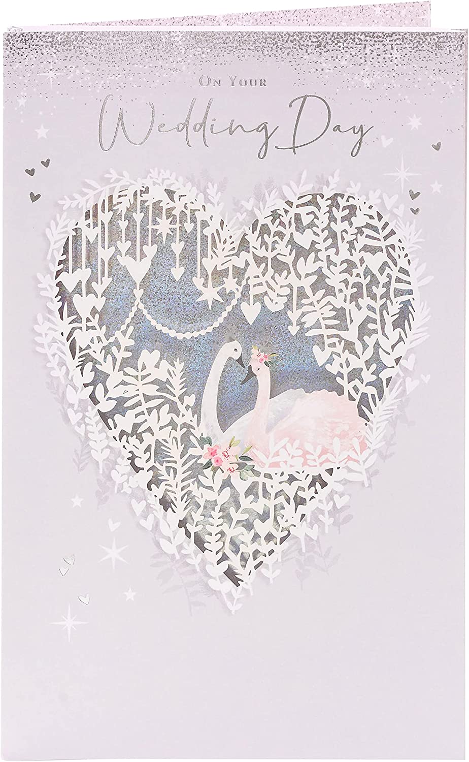 UK Greetings wedding greeting card featuring a beautiful swan design with silver foil finishes, ideal for special wedding celebrations.