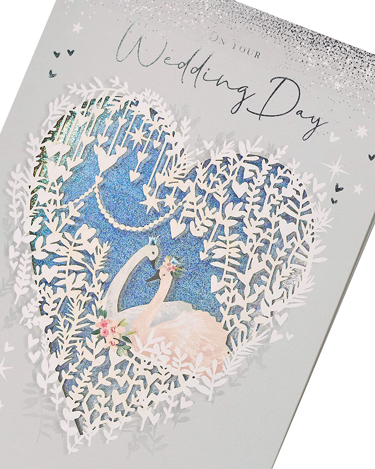 UK Greetings wedding day greeting card featuring a beautiful swan design with silver foil finishes and elegant details.