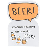 UK Greetings funny birthday card featuring a beer celebrate die-cut design with humorous graphics and vibrant colors.