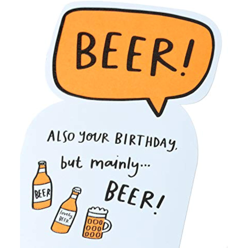 UK Greetings funny birthday card featuring a beer-themed die-cut design, perfect for celebrating with humor and style.