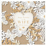 UK Greetings birthday card featuring bees, butterflies, and flowers with die-cut detail for wife birthday celebration.