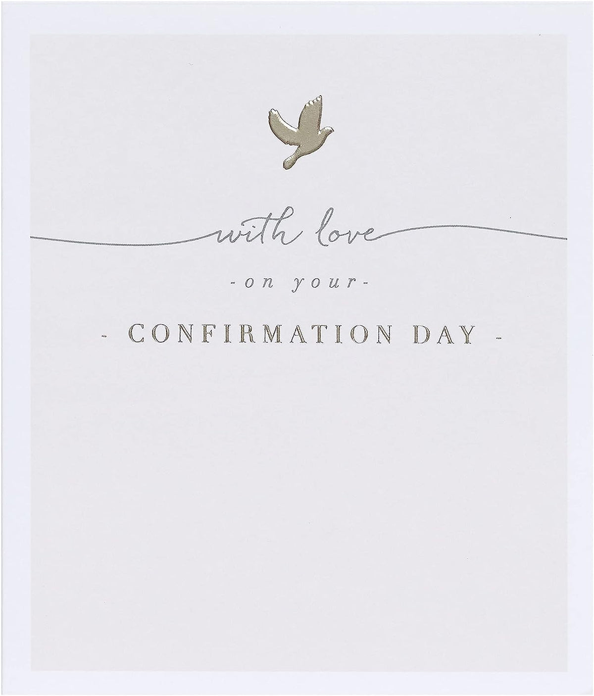 UK Greetings beige dove design confirmation card for boy or girl, featuring elegant dove illustration and soft beige background.