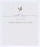 UK Greetings beige dove design confirmation card for boy or girl, featuring elegant dove illustration and soft beige background.
