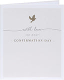 UK Greetings beige dove design confirmation card for boy or girl, featuring elegant dove illustration on a neutral background.