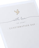 UK Greetings beige dove design confirmation card for boy or girl, featuring elegant dove illustration on greeting card.