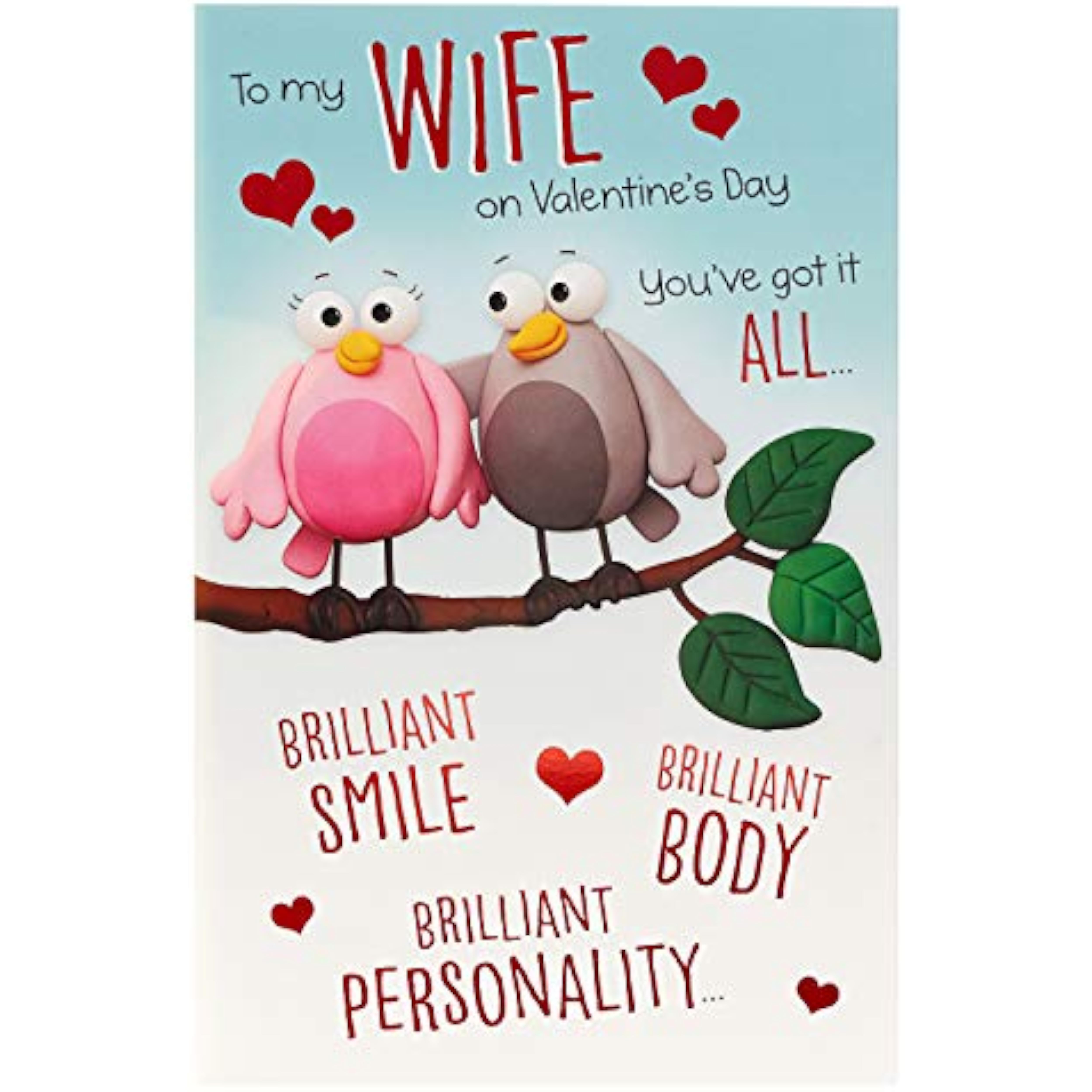 UK Greetings bird cartoon wife Valentine’s Day greeting card featuring colorful bird illustrations and heartfelt message.