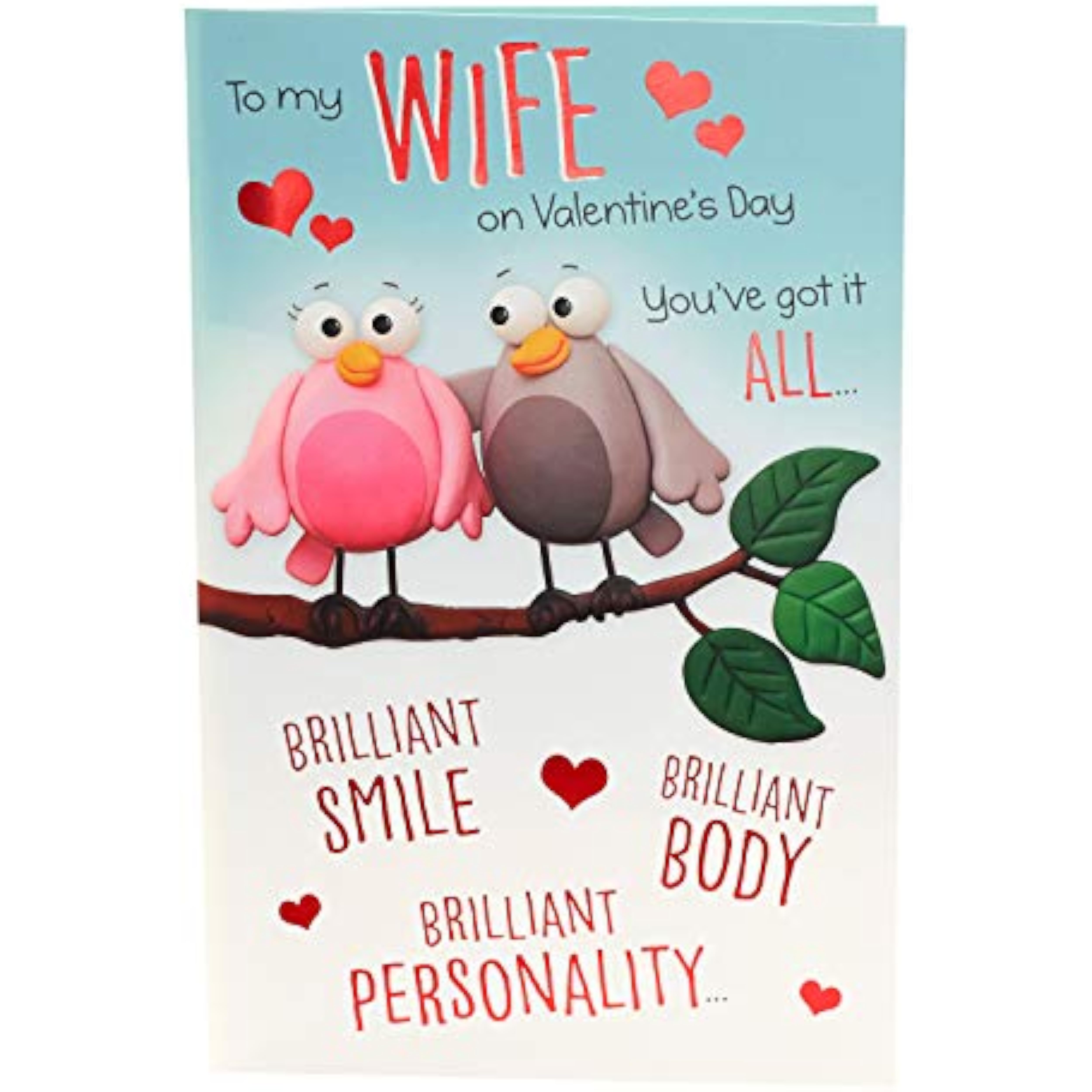 UK Greetings bird cartoon wife Valentine's Day card showing colorful bird illustration and romantic message for wife.