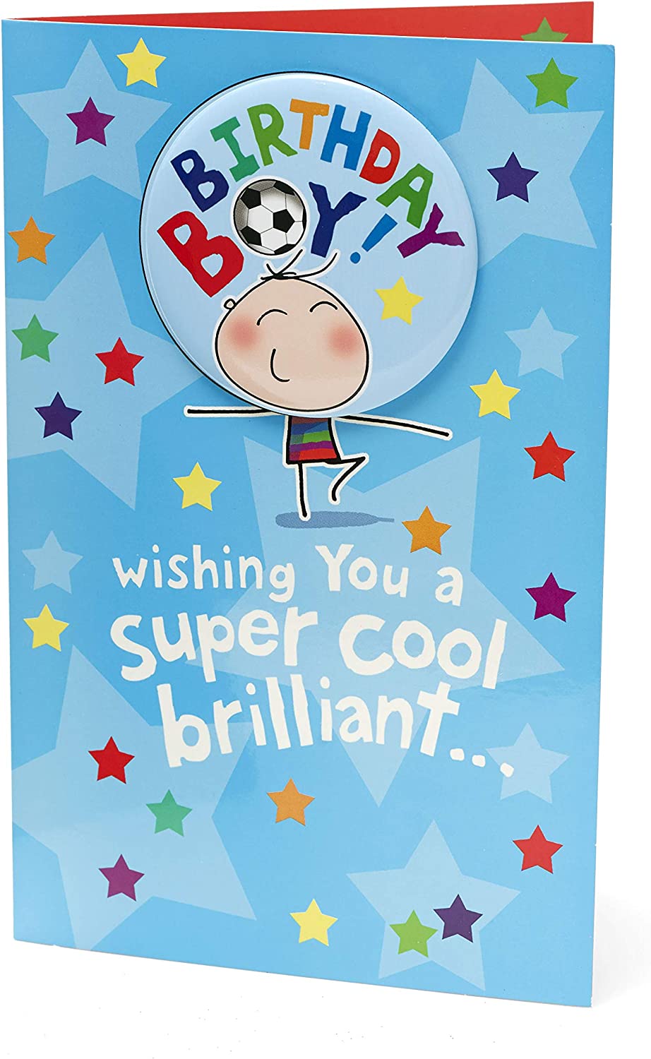 UK Greetings birthday boys greeting card featuring a colorful design and a badge, perfect for celebrating special occasions.