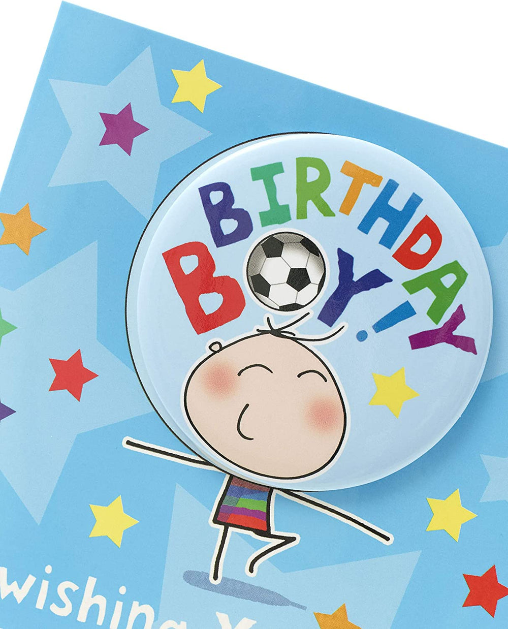 UK Greetings birthday card for boys featuring colorful design and a badge, perfect for celebrating special occasions.