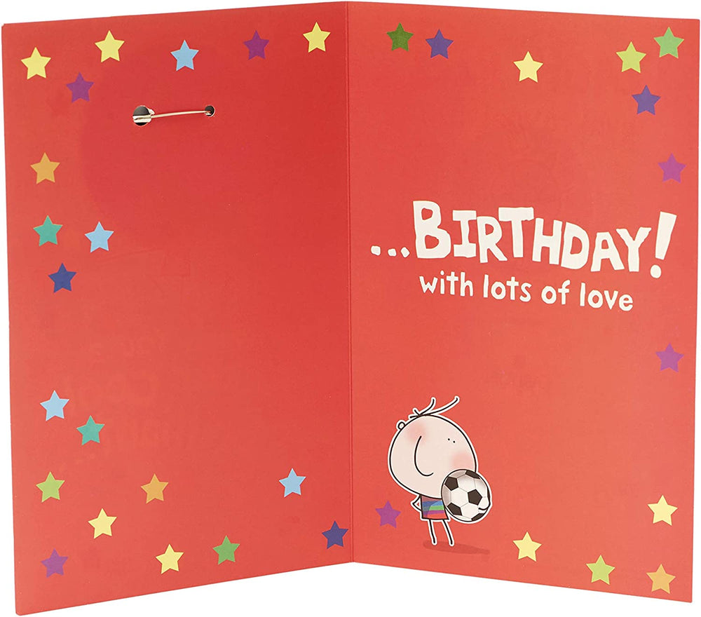 UK Greetings birthday card for boys featuring colorful design and a badge, perfect for celebrating special occasions.
