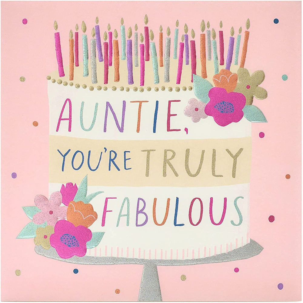 UK Greetings birthday card for her featuring a fabulous auntie, perfect for celebrating special occasions with style.