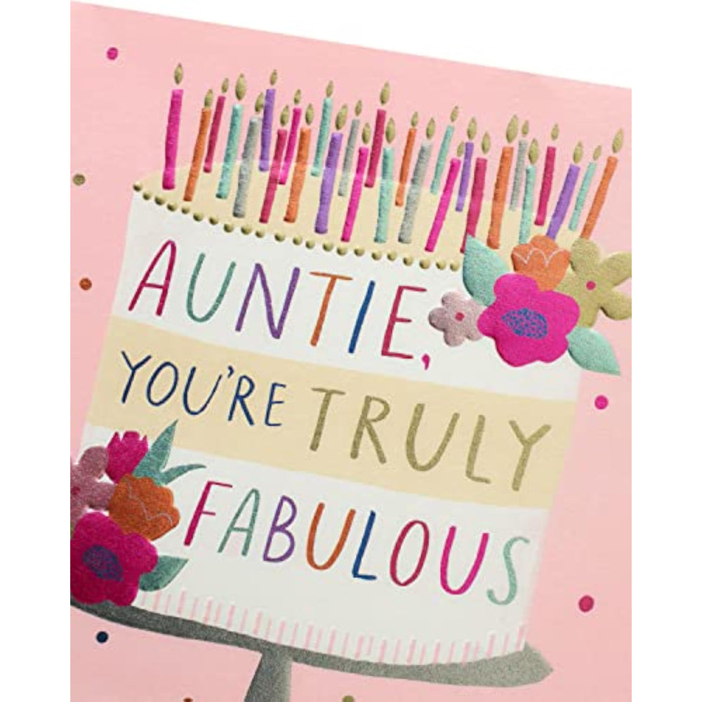 UK Greetings birthday card for her featuring a cheerful design, perfect for celebrating a fabulous auntie on her special day.
