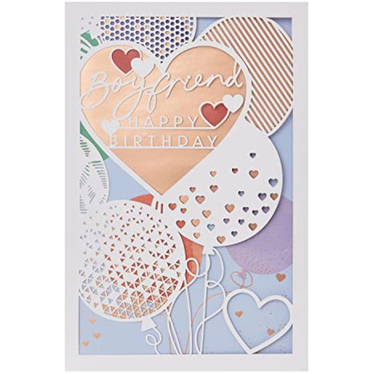 UK Greetings birthday card for boyfriend with laser-cut hearts and balloons, includes envelope, featuring a lovely design.