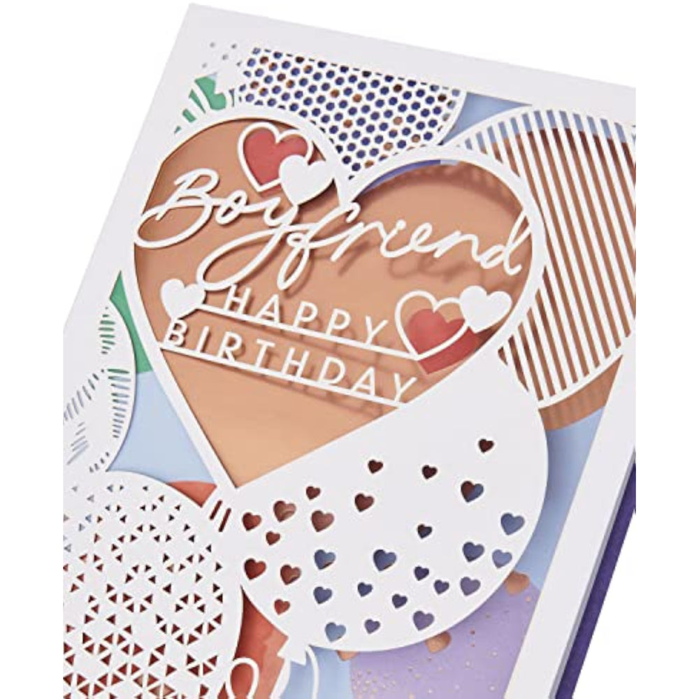 UK Greetings birthday greeting card for boyfriend with laser-cut hearts and balloons, includes envelope, featuring a lovely design.