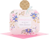 UK Greetings birthday card for daughter featuring a perfume bottle-shaped design, colorful greeting card with floral accents.