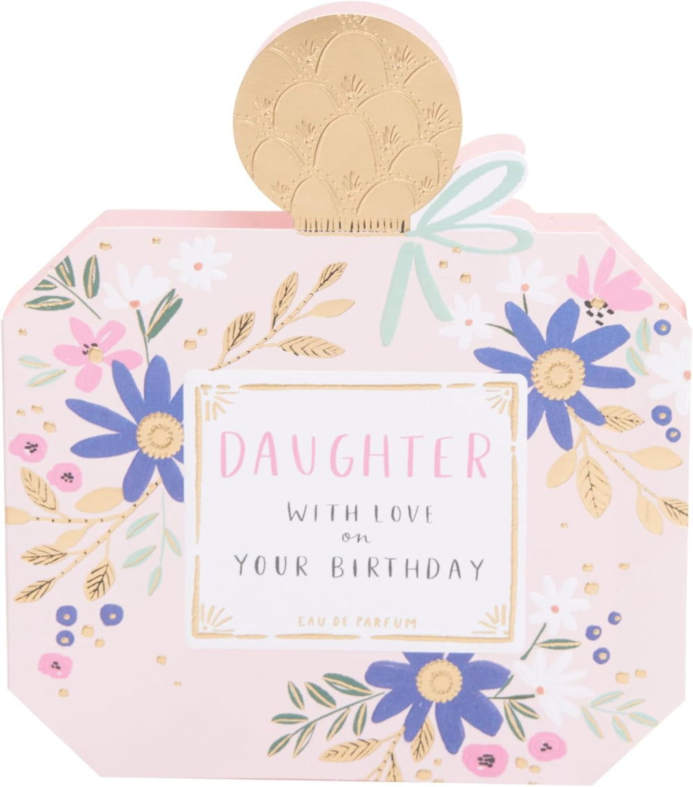 UK Greetings birthday card for daughter featuring a perfume bottle-shaped design, colorful and festive greeting card image.