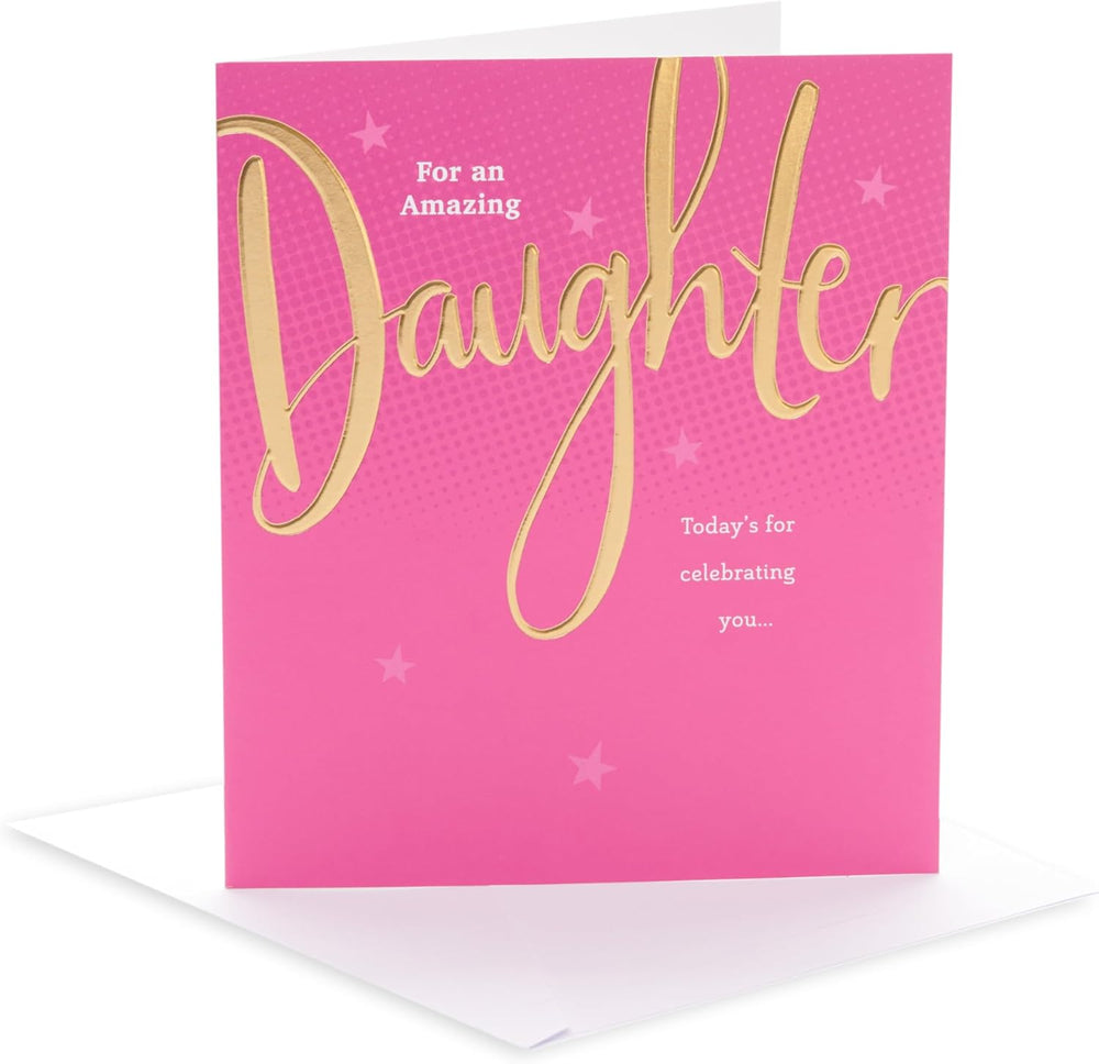 UK Greetings birthday card for daughter featuring a pink and gold design, showcasing a colorful and festive greeting card.