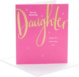 UK Greetings birthday card for daughter featuring a pink and gold design, showcasing a colorful and festive greeting card.
