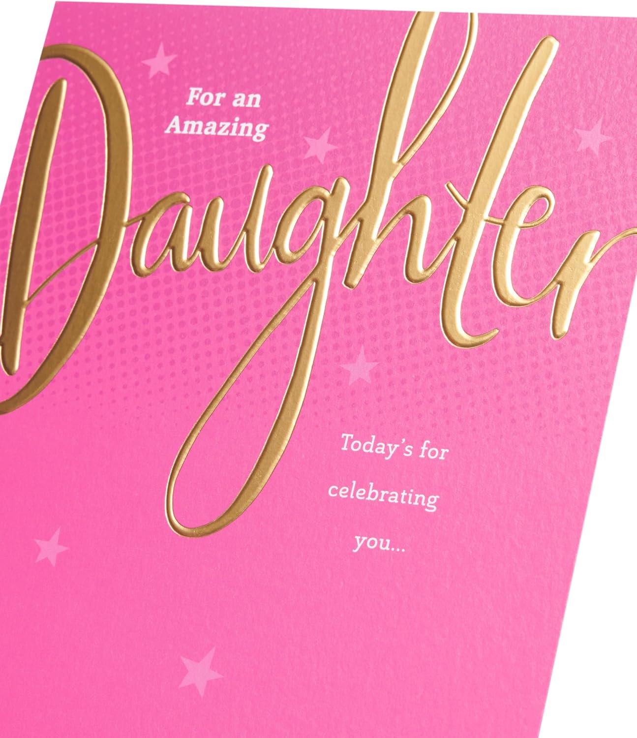 UK Greetings birthday card for daughter featuring a pink and gold design, showcasing a cheerful greeting card with floral accents.