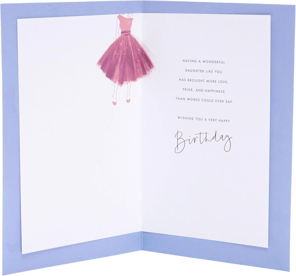 UK Greetings birthday card for daughter featuring a purple dress design from the Thinking of You range, with cheerful floral accents.