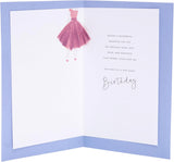 UK Greetings birthday card for daughter featuring a purple dress design from the Thinking of You range, with cheerful floral accents.