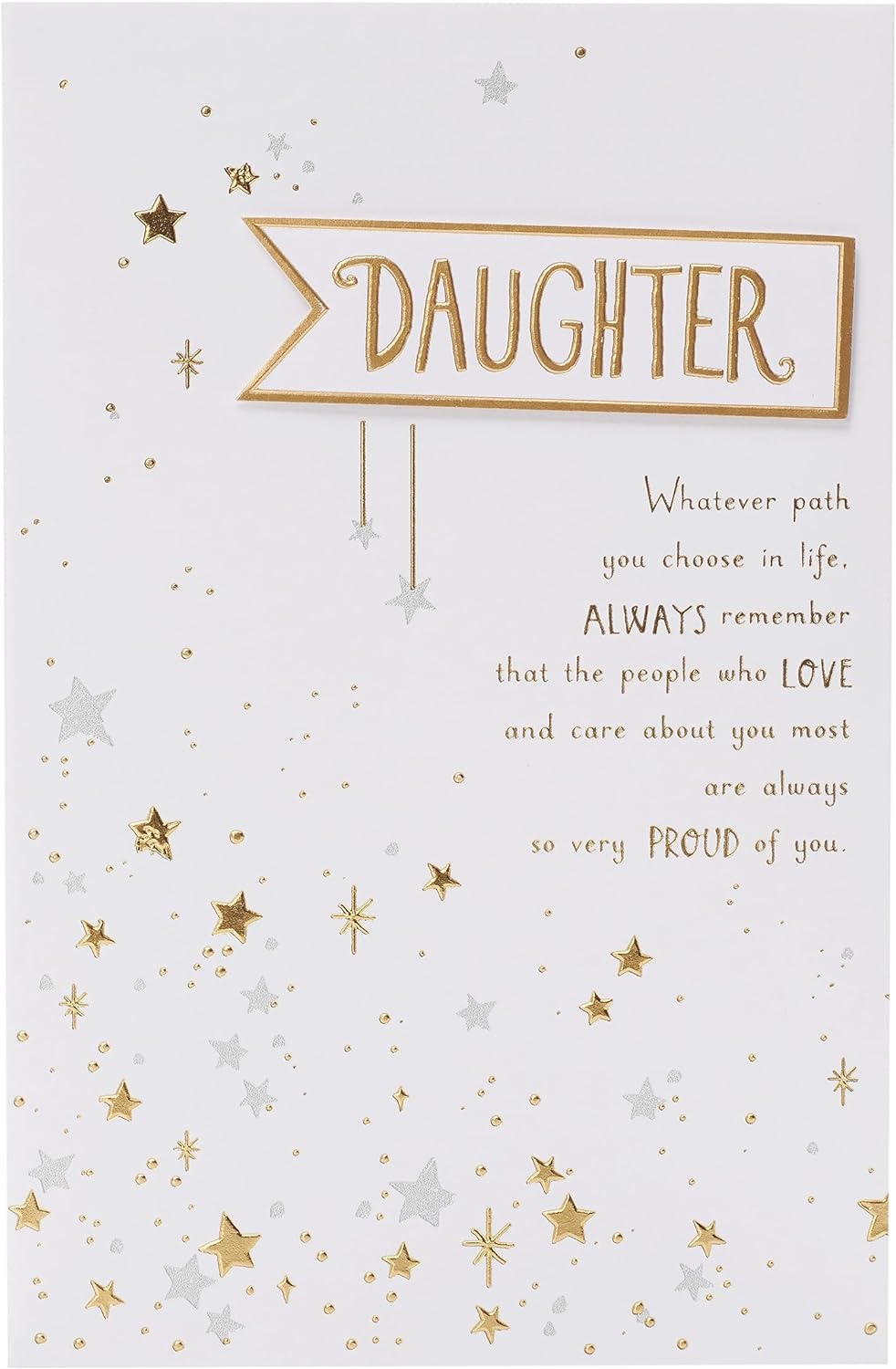 UK Greetings birthday card for daughter featuring a stars design, colorful illustration, and heartfelt message inside.