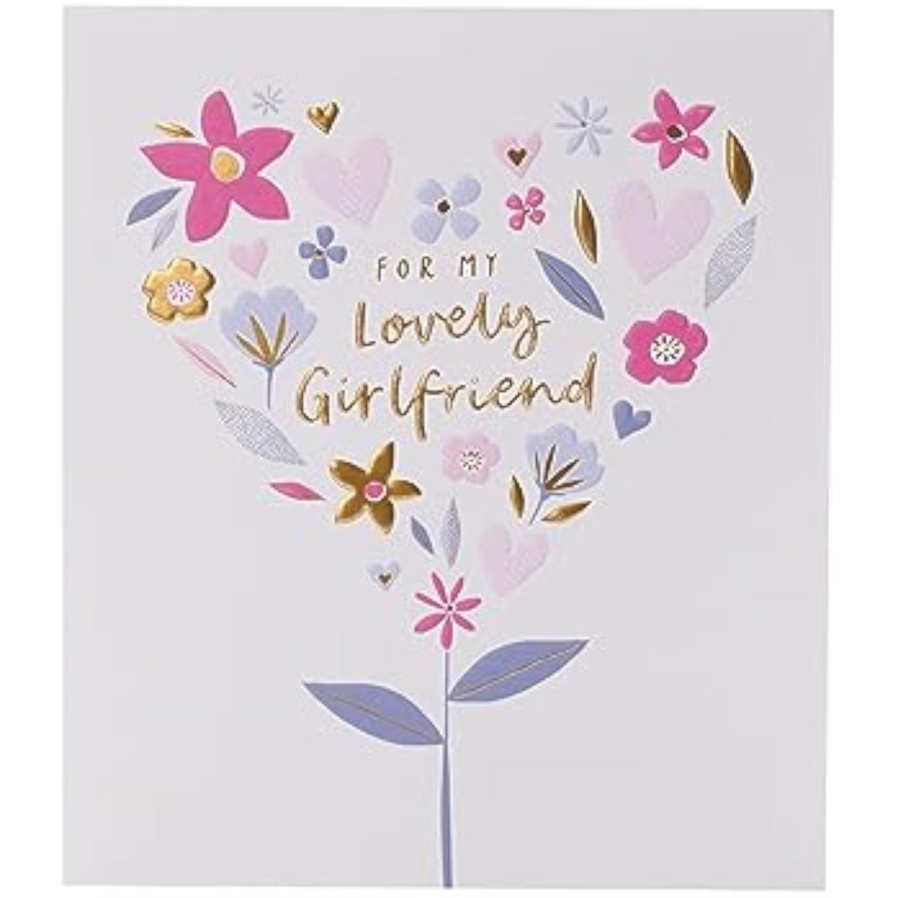 UK Greetings birthday card for girlfriend featuring a flower heart design, with colorful floral artwork and romantic message inside.