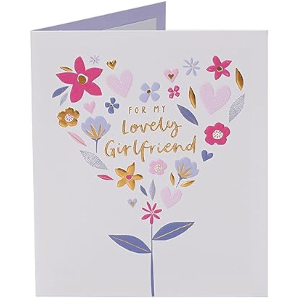 UK Greetings birthday card for girlfriend featuring a flower and heart design, perfect for celebrating special occasions.