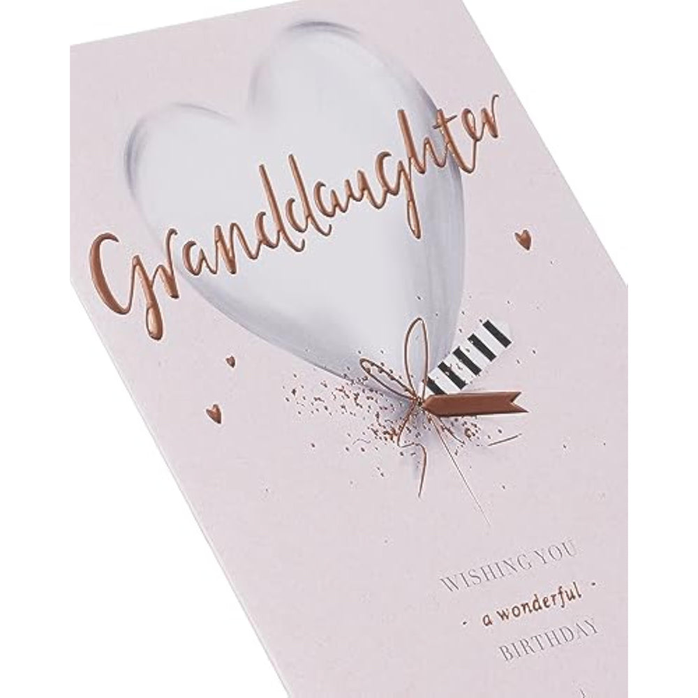 UK Greetings birthday card for granddaughter featuring a silver balloon design, colorful and festive greeting card image.