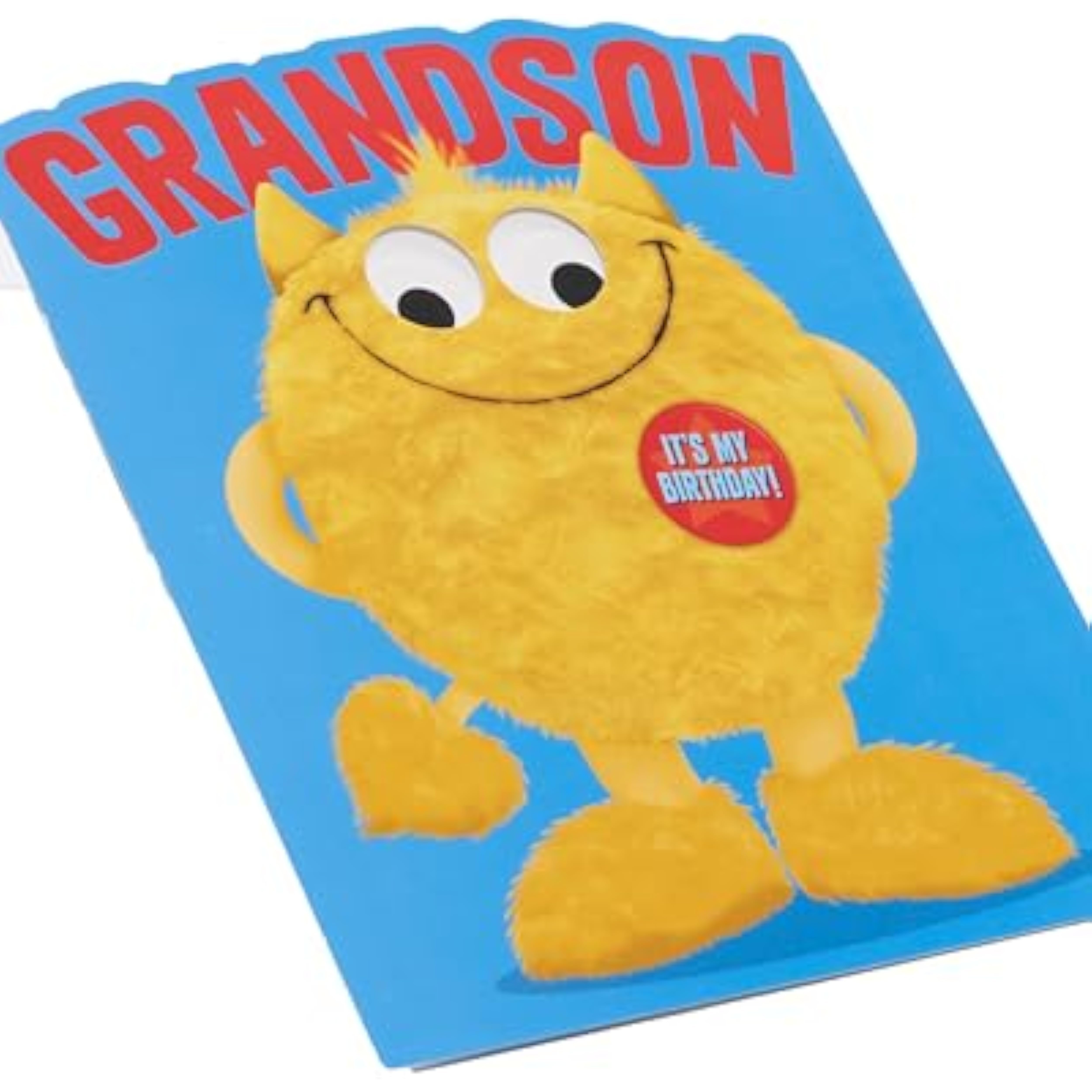 UK Greetings birthday card for grandson featuring a googly-eyed monster design, colorful and playful greeting card for special occasions.