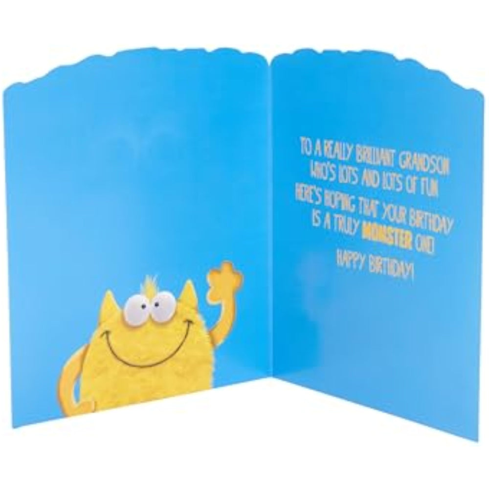 UK Greetings birthday card for grandson featuring a googly-eyed monster design, colorful and playful greeting card for special occasions
