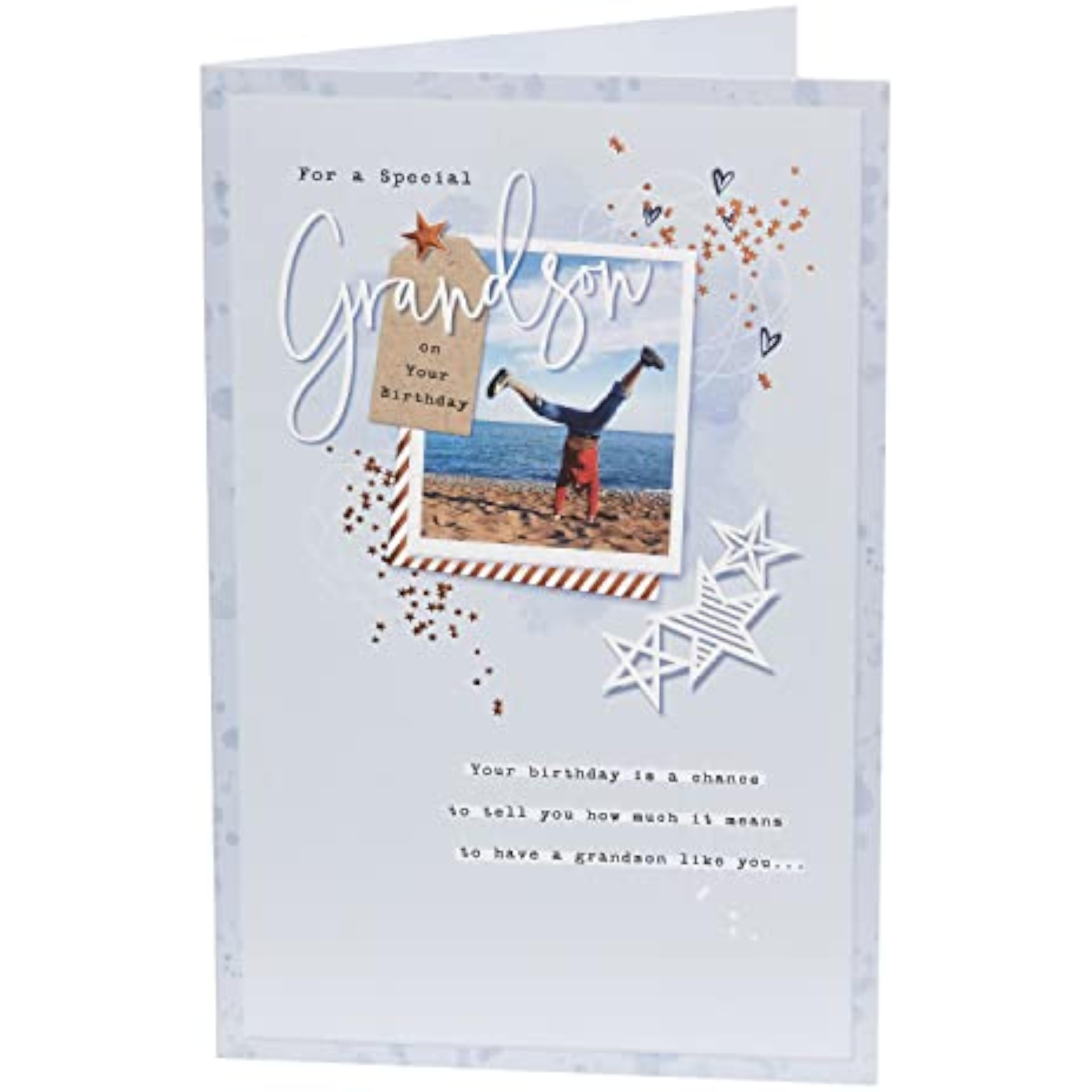 UK Greetings birthday card for grandson featuring a heartfelt design, with colorful illustrations and warm message inside.