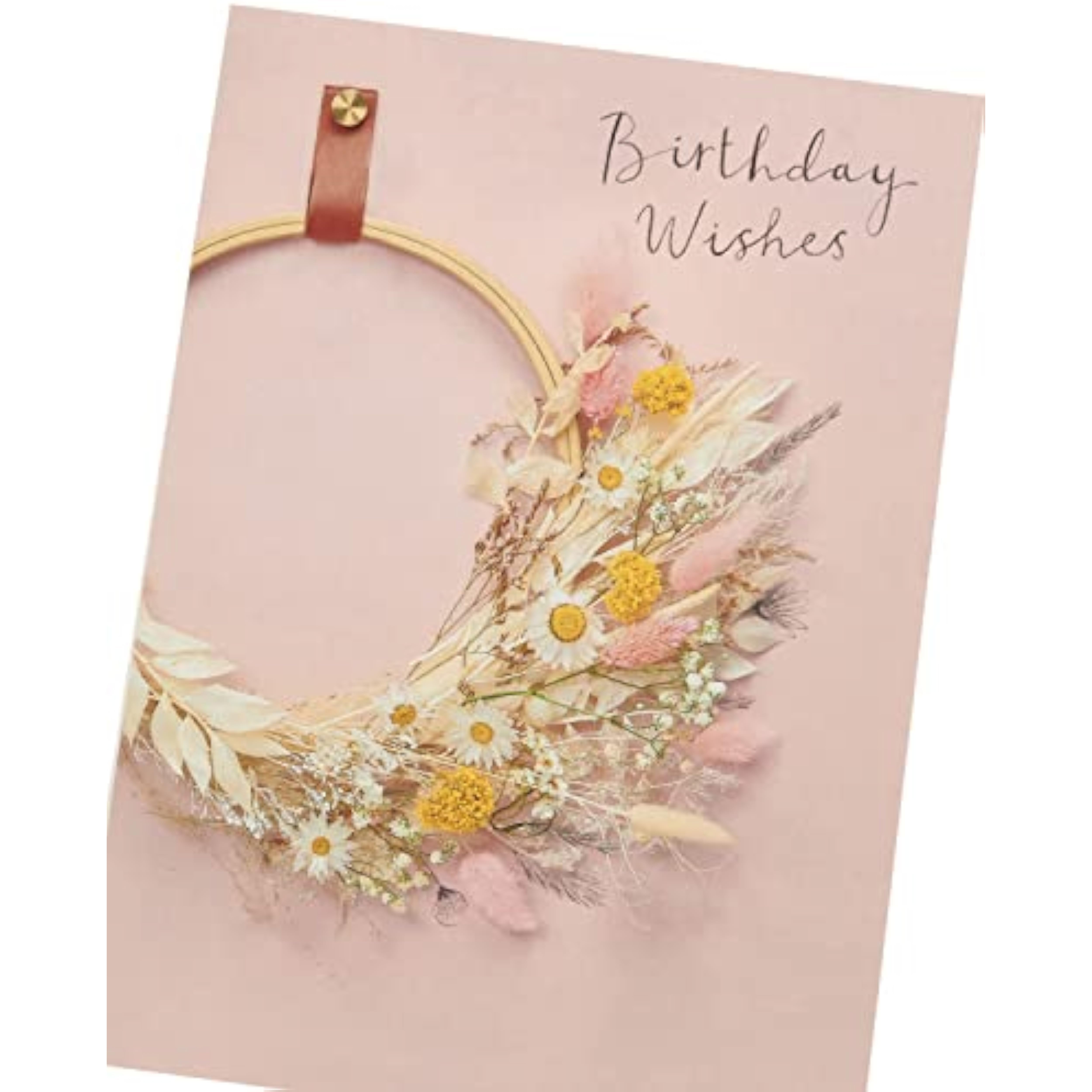 UK Greetings birthday card for her featuring a floral hoop design, includes an envelope, perfect for female friends.