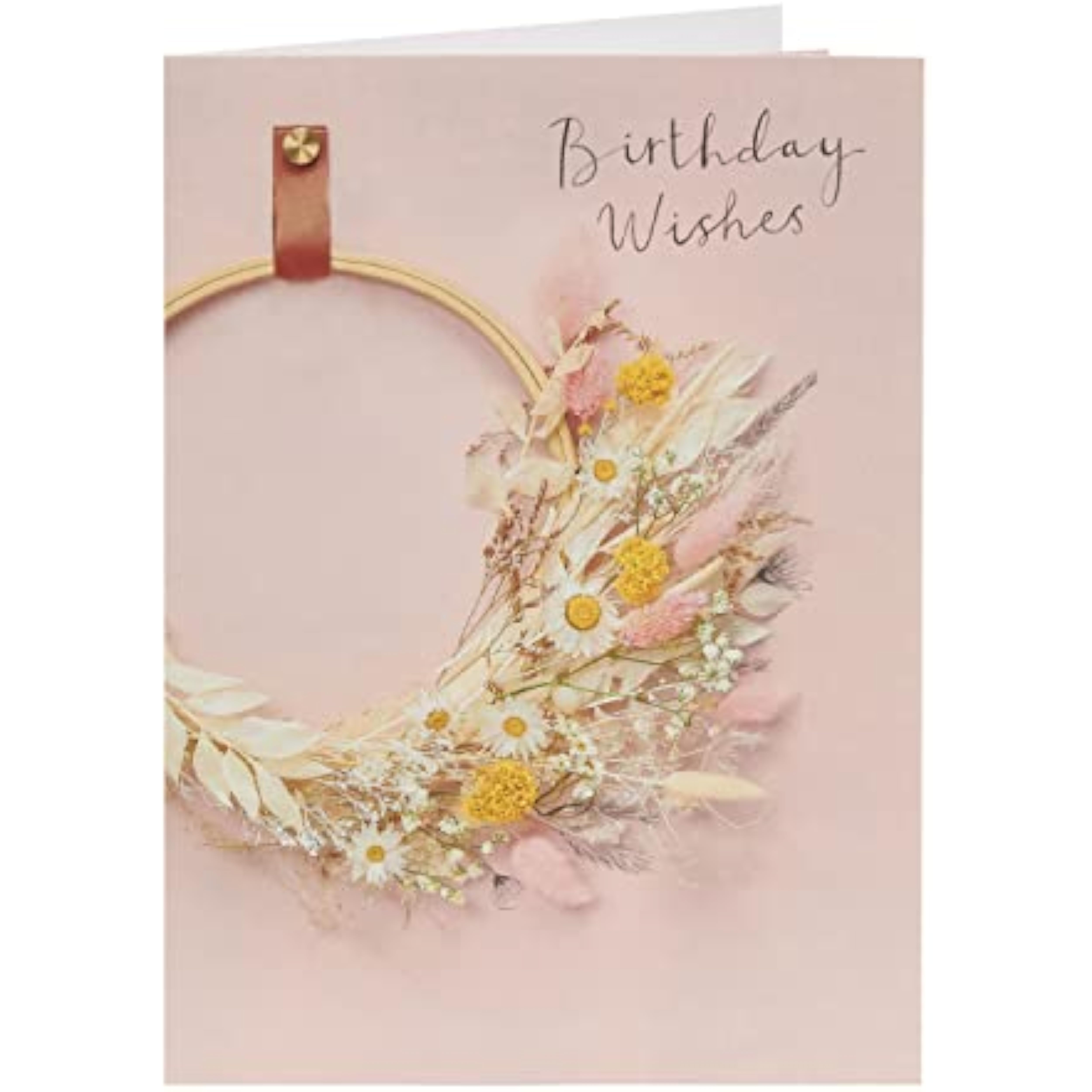 UK Greetings birthday card for her featuring a floral hoop design, includes envelope, perfect for female friends.