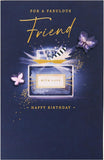 UK Greetings birthday card for her with a blue perfume design, featuring elegant floral illustrations and stylish lettering.
