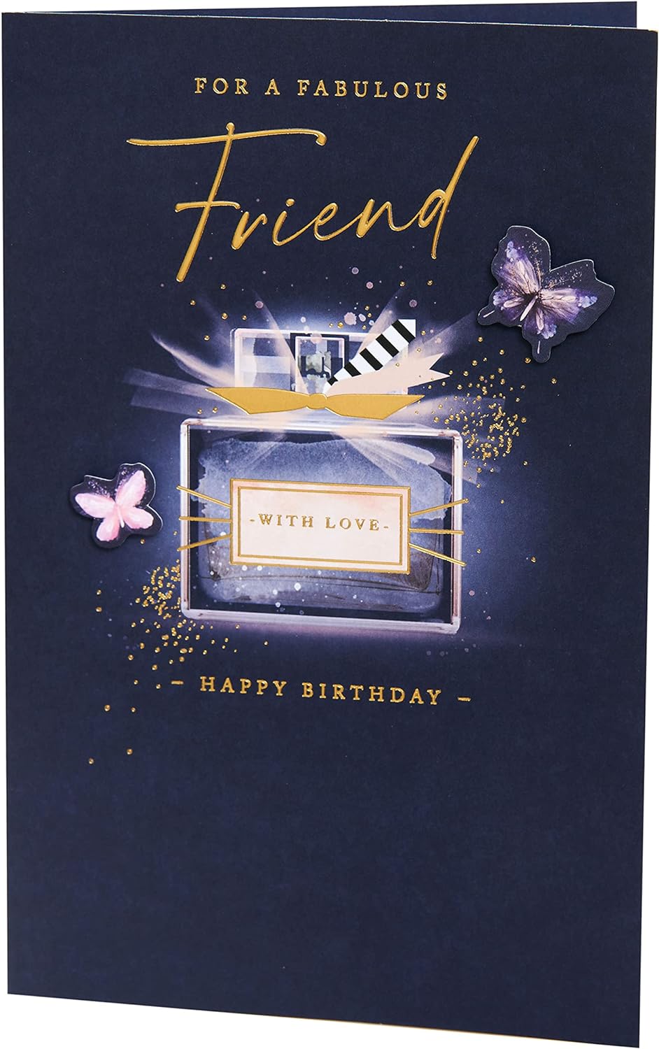 UK Greetings birthday card for her with blue perfume design, featuring elegant floral accents and a stylish greeting for friends.