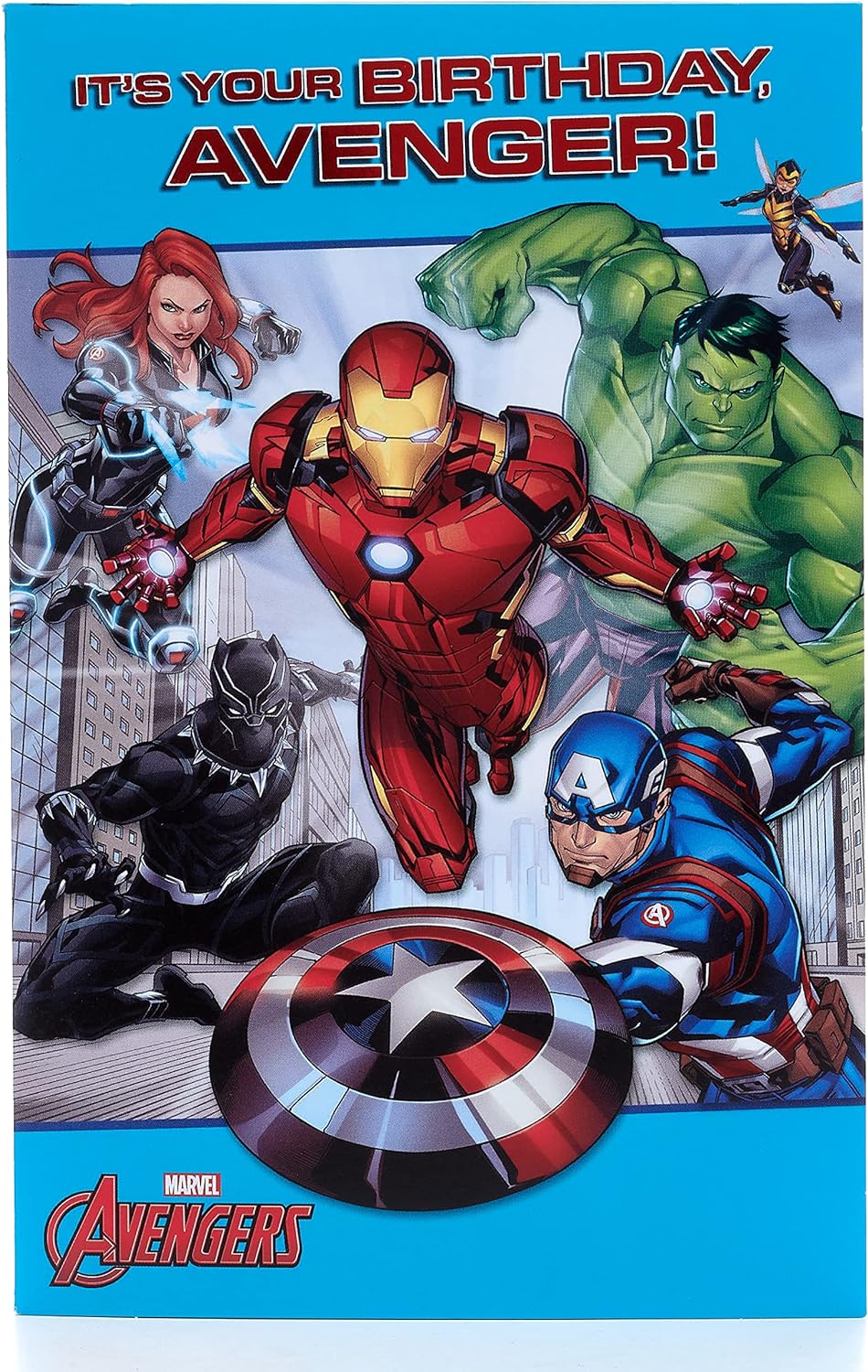 Colorful Avengers birthday card for him or boy by UK Greetings, featuring superhero characters and an envelope.