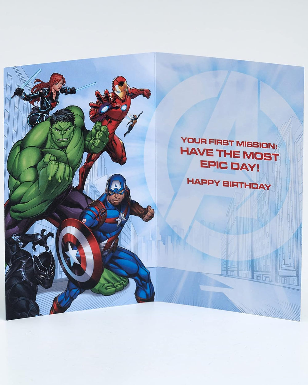 UK Greetings birthday card for him or boy featuring colorful Avengers design with an envelope, perfect for celebrating special occasions.