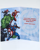 UK Greetings birthday card for him or boy featuring colorful Avengers design with an envelope, perfect for celebrating special occasions.