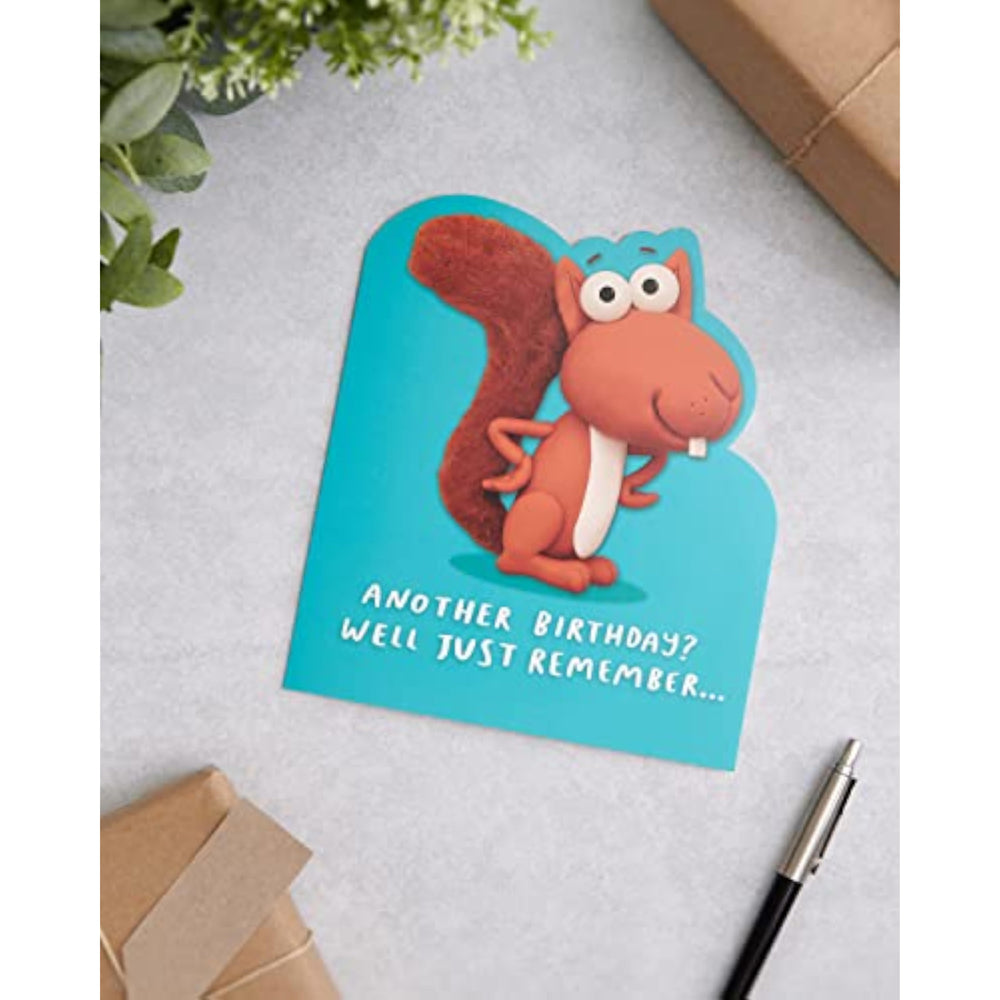UK Greetings birthday greeting card for him, her, or friends featuring a funny squirrel design with an envelope.