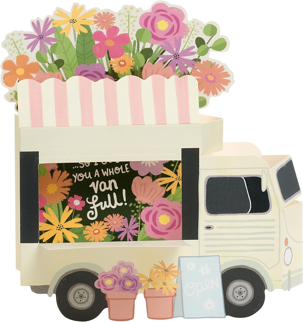 UK Greetings birthday card for Mum with pop-up flower truck design, featuring colorful floral artwork and festive details.