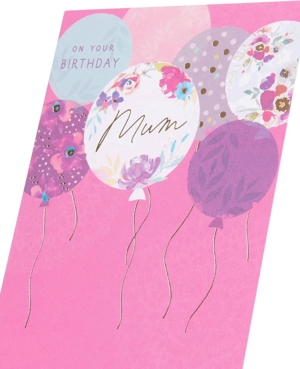UK Greetings birthday card for mum featuring a stylish balloons design, perfect for celebrating special occasions.